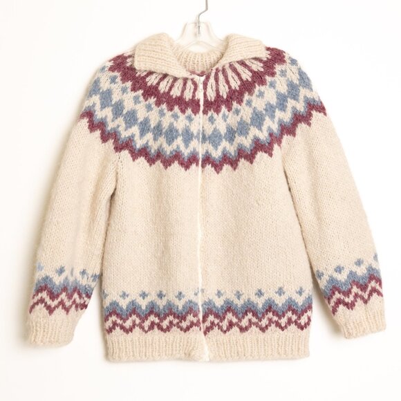 Vintage Sweaters - Vintage Fair Isle Sweater Wool Handknitted Nordic Full Zip Cream Blue Purple